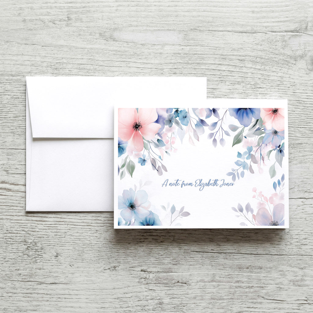 Personalized Set of Notecards with Envelopes Watercolor Pastel Flowers image 0