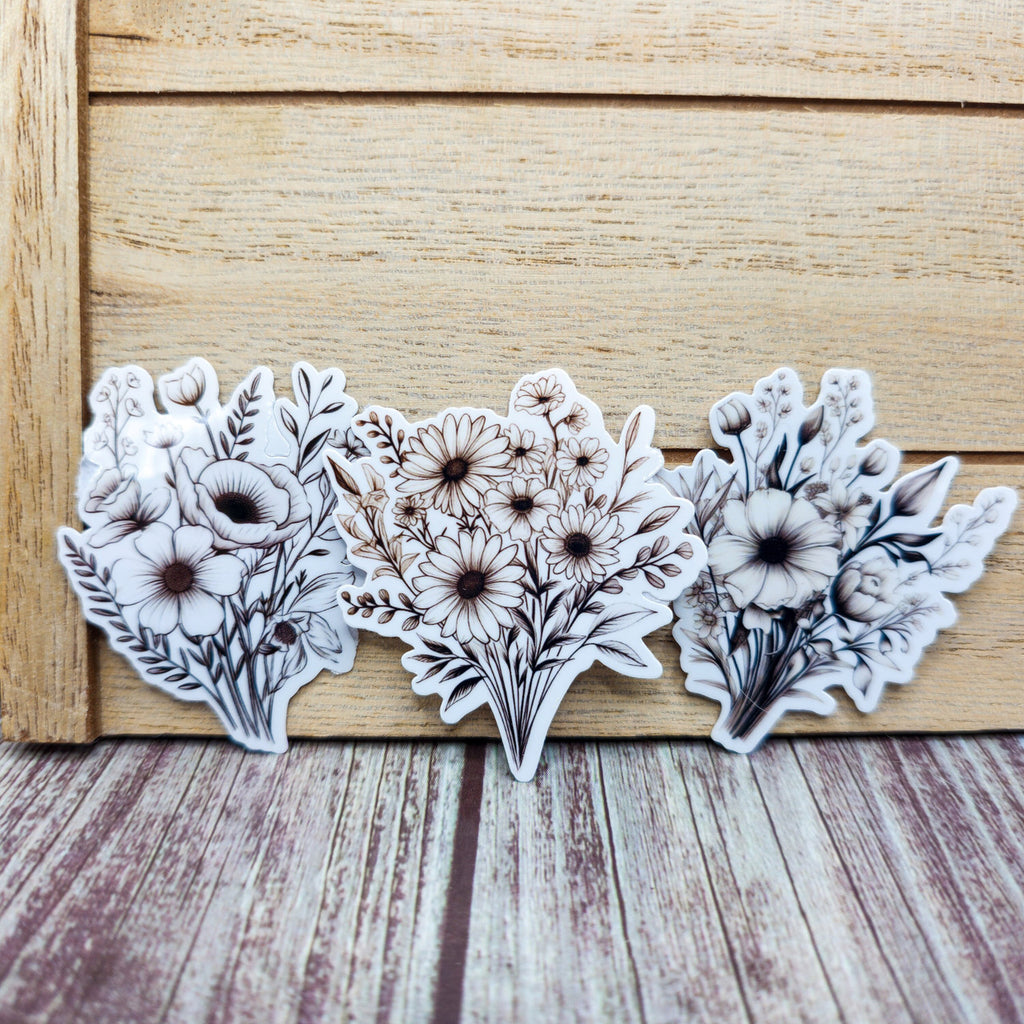 7 Black and White Flower Stickers - Vinyl Stickers - Floral Stickers - Journal image 2