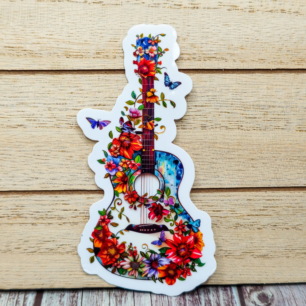 Floral Guitar Vinyl Sticker - Floral Stickers - Music Sticker image 0