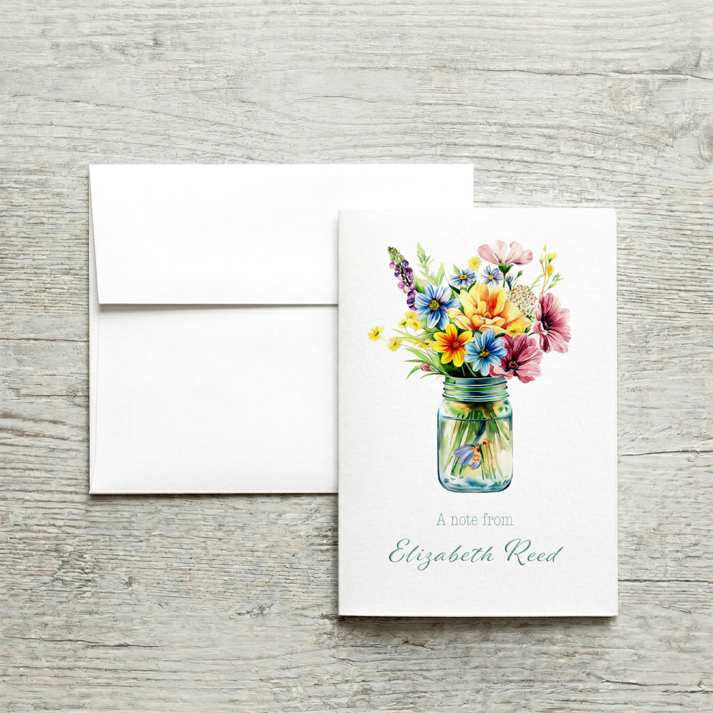 Custom Note Cards Set with Envelopes Flower Bouquet Mason Jar, Greeting Card image 0