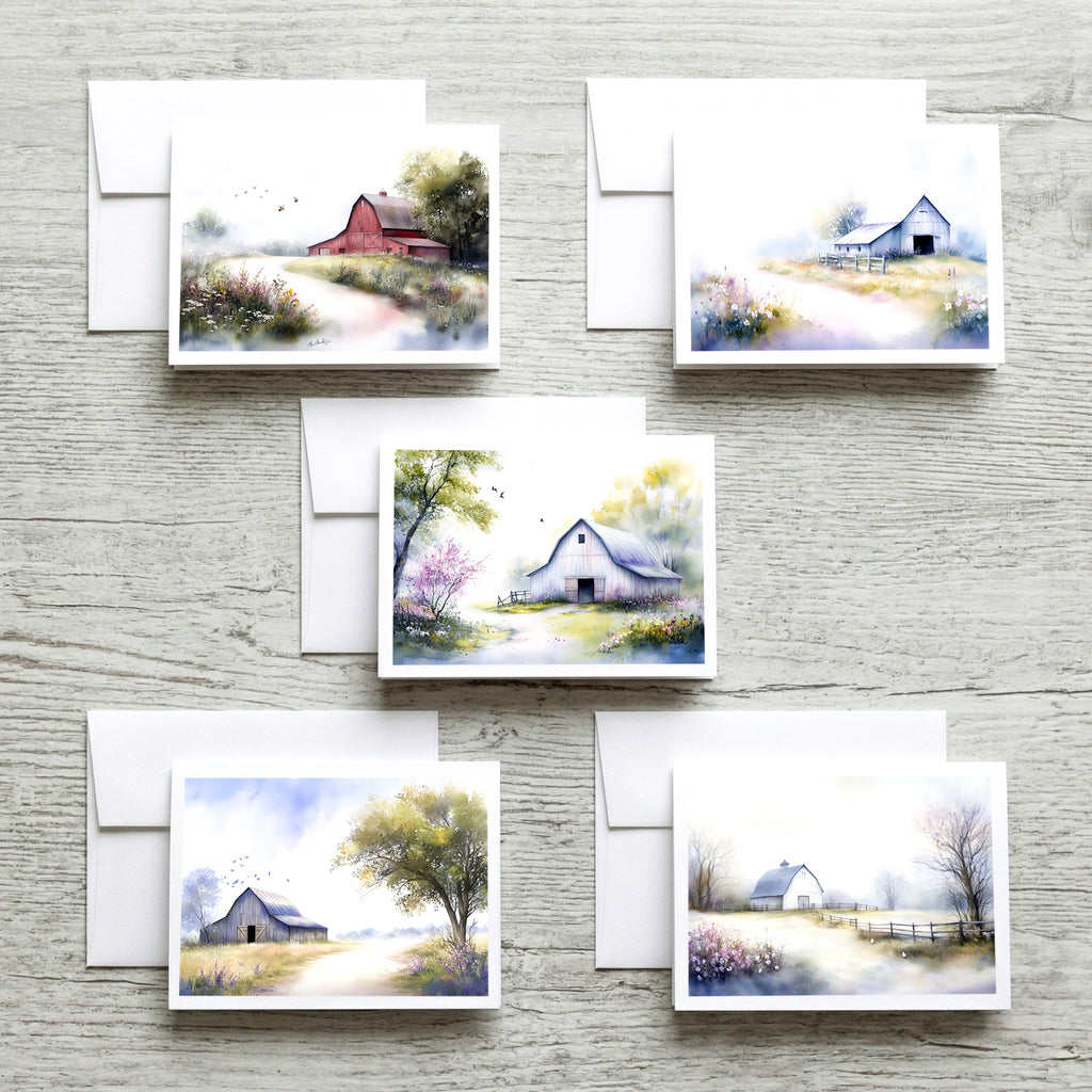 Spring Barns Set of Notecards with Envelopes, A6 Size, Greeting Card Bundle image 0