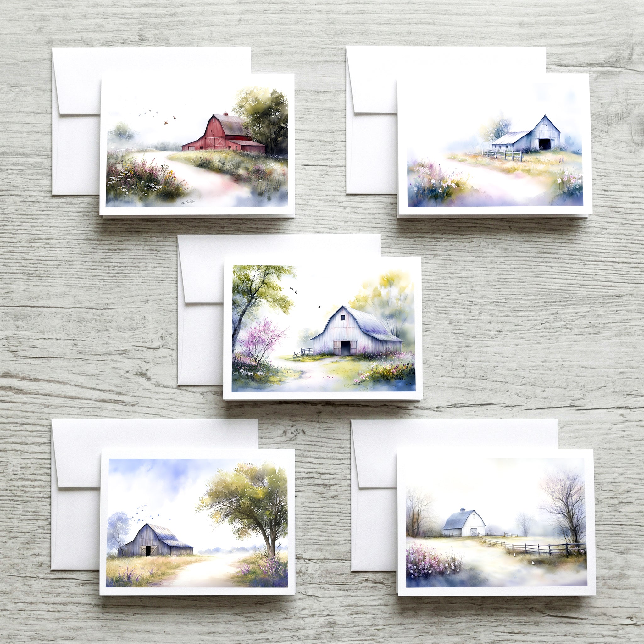 Spring Barns Set of Notecards with Envelopes, A6 Size, Greeting Card Bundle image 0