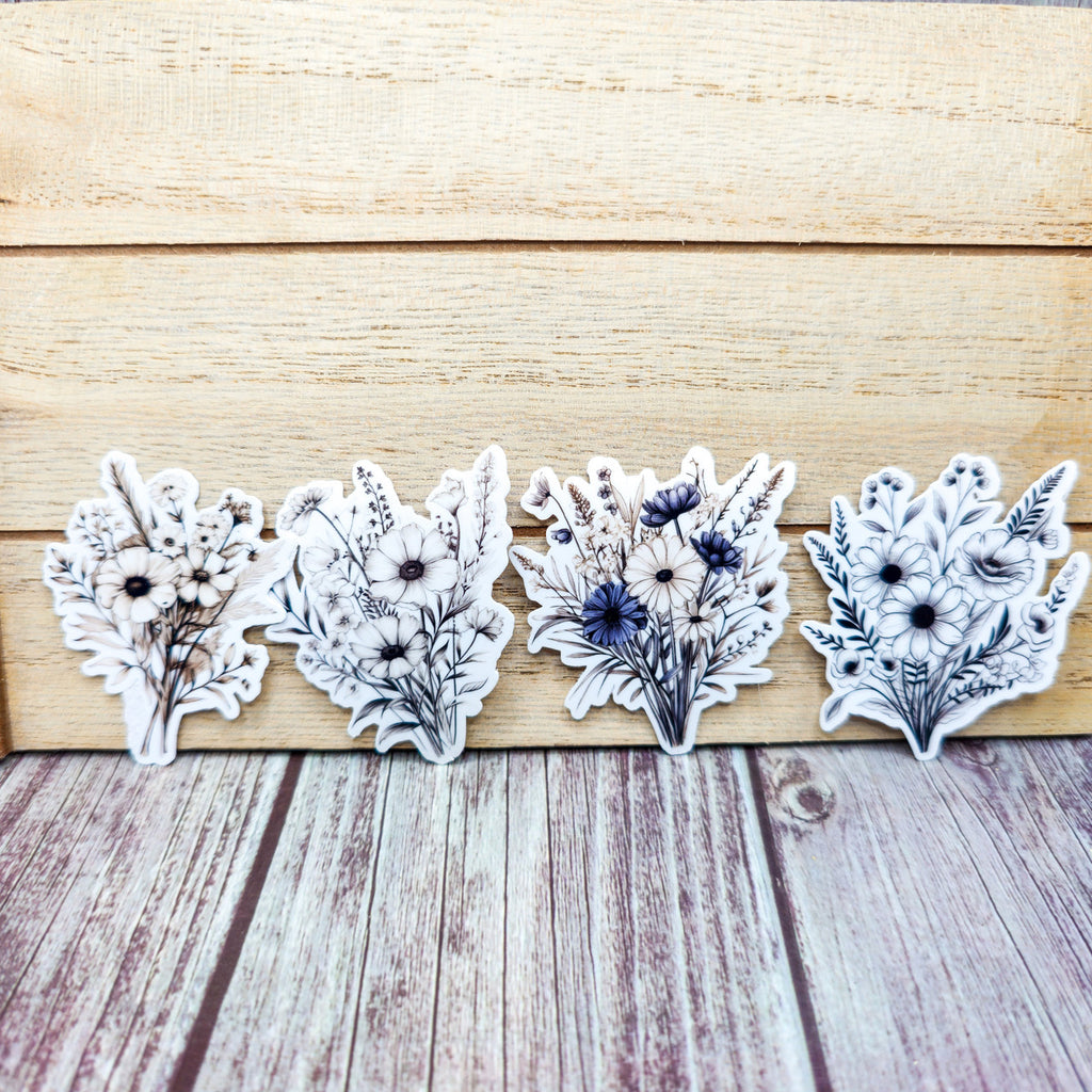 7 Black and White Flower Stickers - Vinyl Stickers - Floral Stickers - Journal image 3
