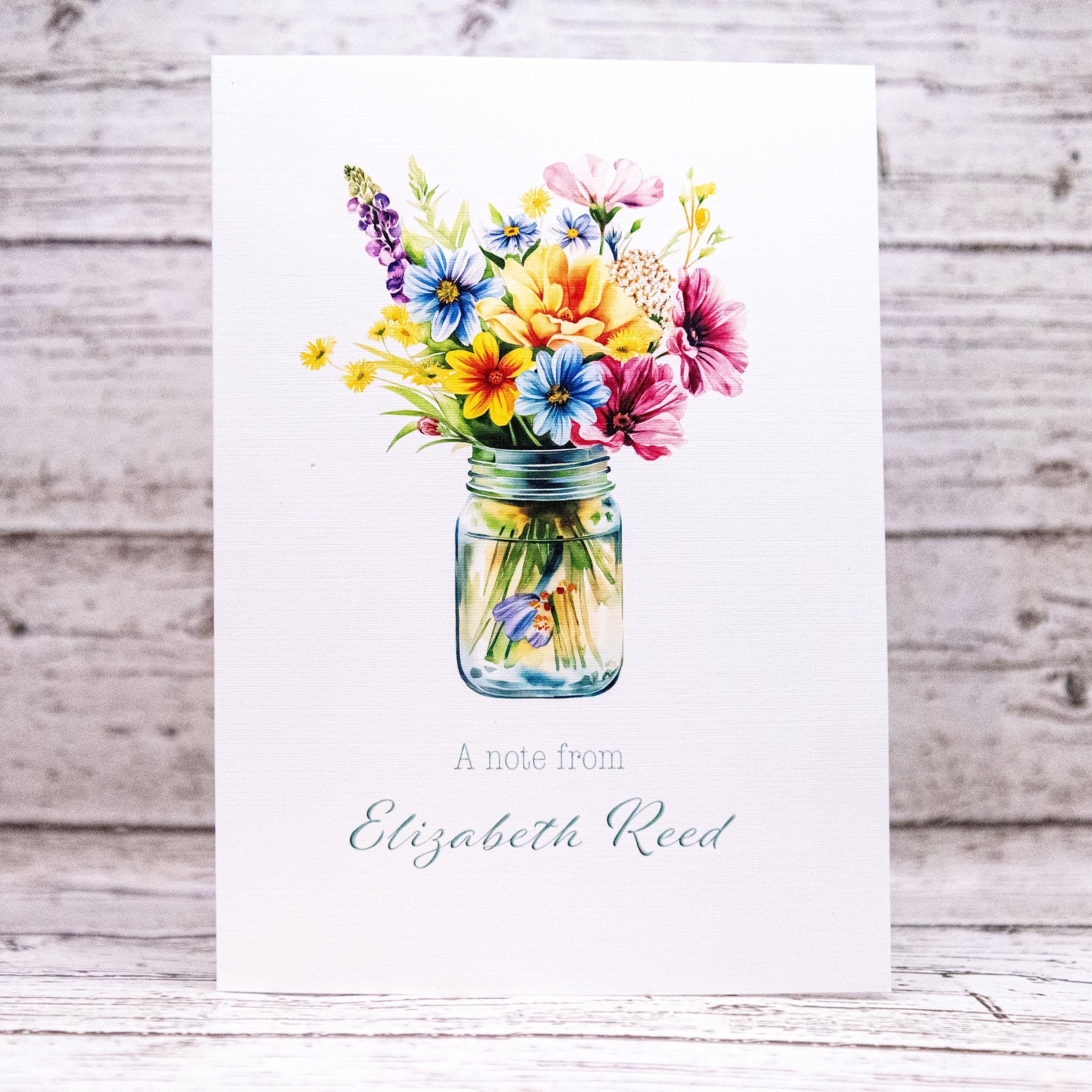 Custom Note Cards Set with Envelopes Flower Bouquet Mason Jar, Greeting Card image 1